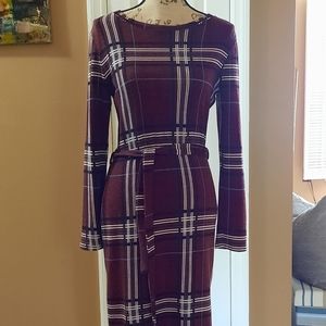 Maroon Long Sleeve Knee Length Window Pane Dress by MONTEAU